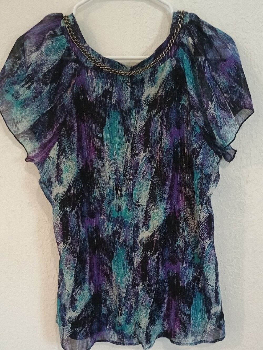 dressbarn Teal & Purple Chain-Trim Flutter Sleeve Blouse - Picture 7 of 9